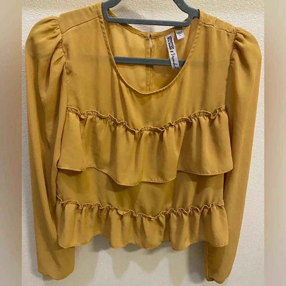 Gypsies & Moondust Mustard Ruffle Tiered Sheer Blouse Women's Sz L